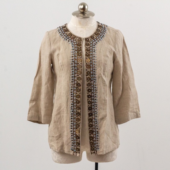 Chico's XS S Linen Embellished Blazer Jacket Layer - Picture 11 of 12